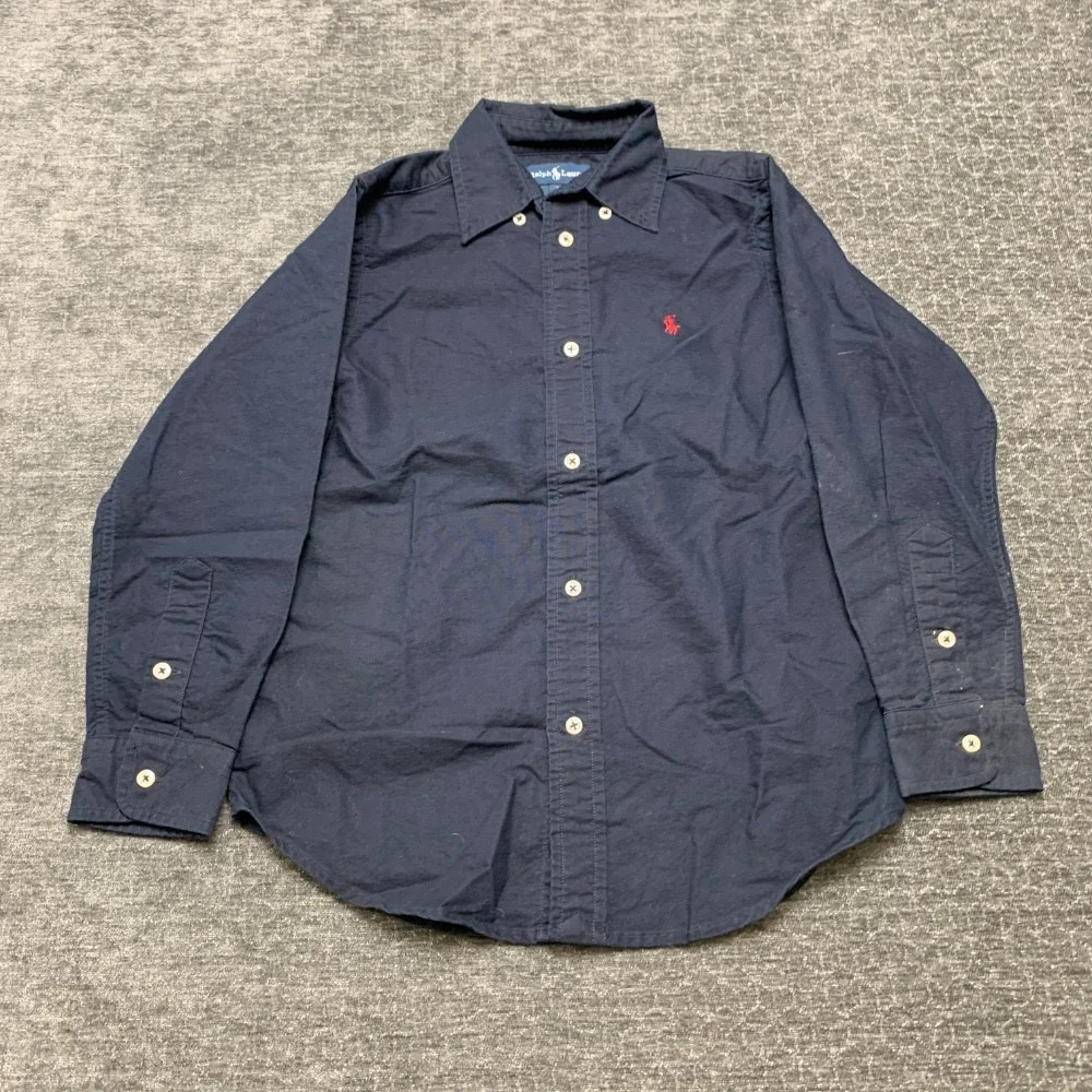 VTG Ralph Lauren Shirt Boys 7 Navy Blue Long Sleeve Logo Classic Fit Button Down